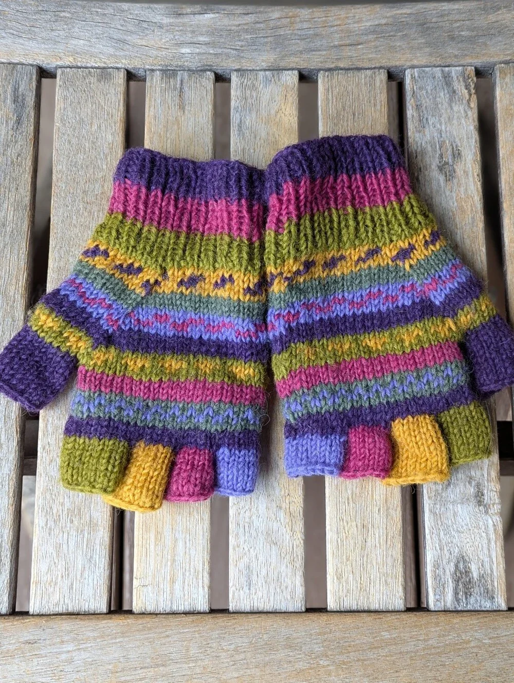 NWOT Lunie Va Colorful Wool Fingerless Gloves Purple Pink Green Fleece Lined